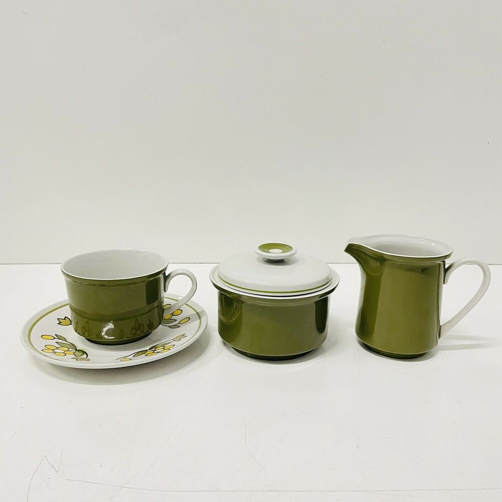 VTG Mikasa Epiqure One Olive Sugar Creamer Saucer Mug Cup Set Tea Coffee Japan
